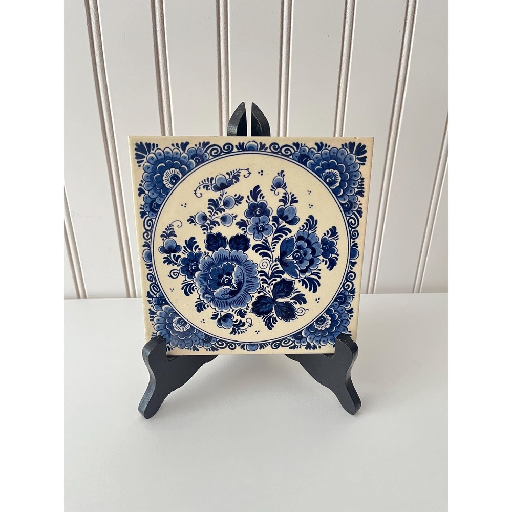 Vtg Delft Blauw Handpainted Decorative Tile, 6x6"